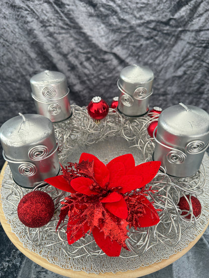 Adventskranz Alu Kranz silber rot