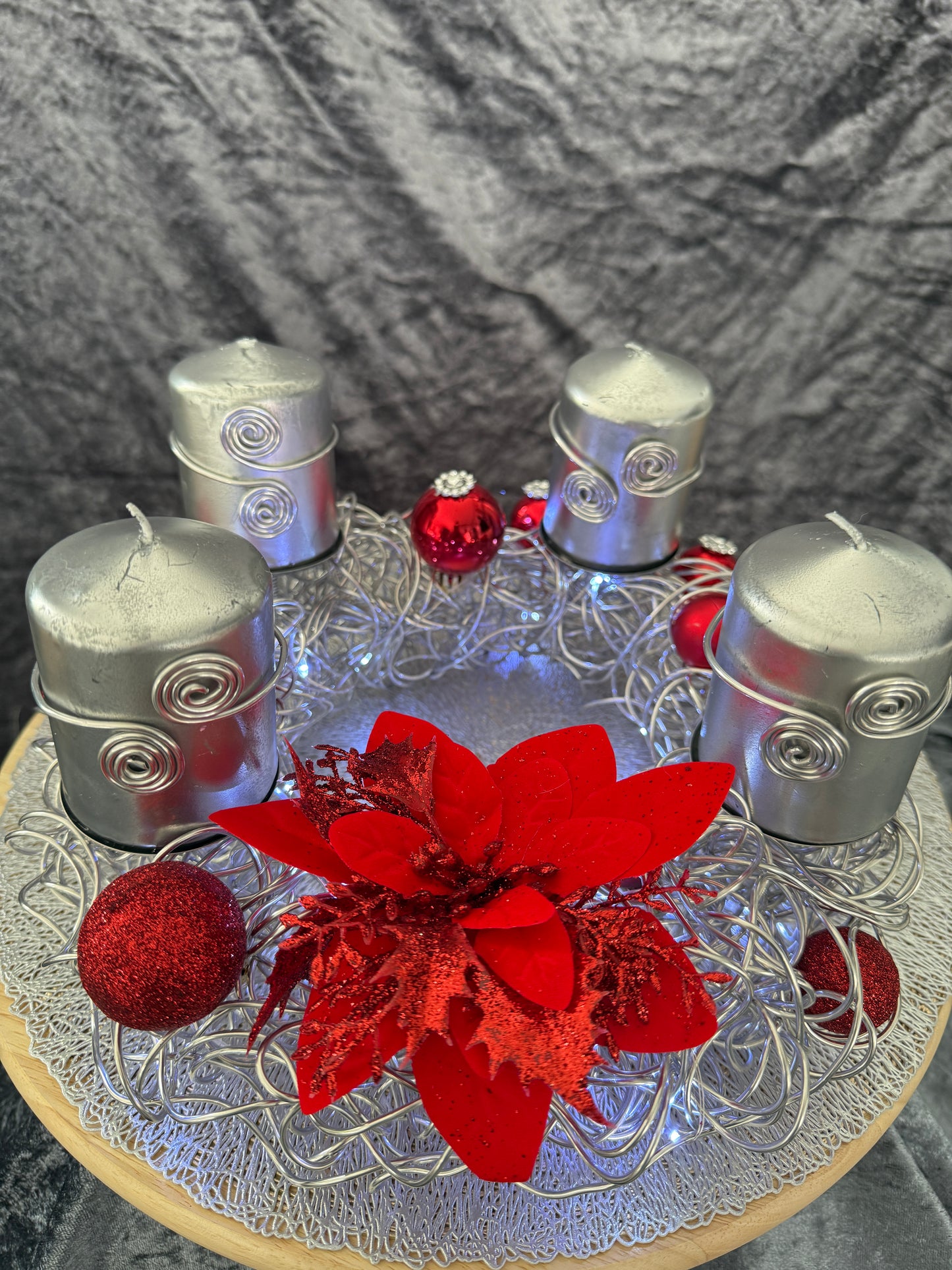 Adventskranz Alu Kranz silber rot