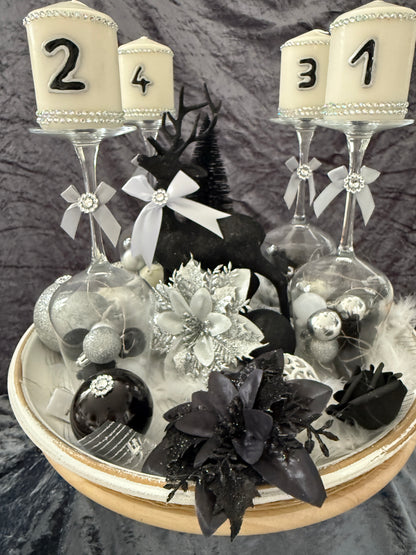 Adventskranz Gläser schwarz weiß