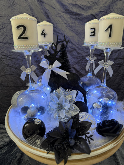 Adventskranz Gläser schwarz weiß