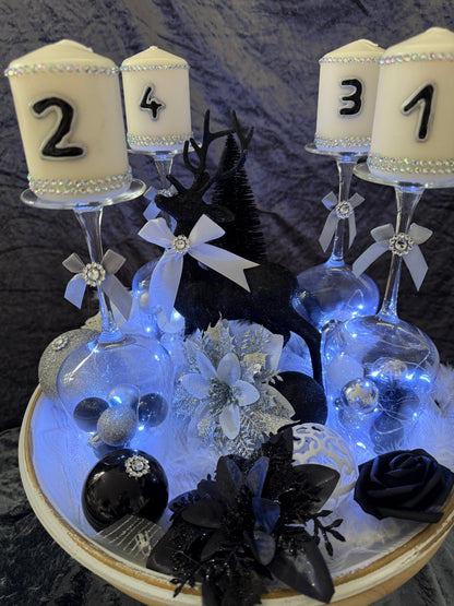 Adventskranz Gläser schwarz weiß