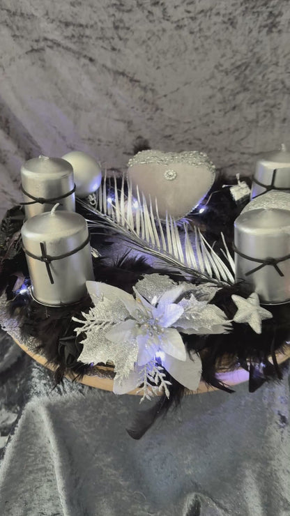 Adventskranz Federkranz schwarz silber